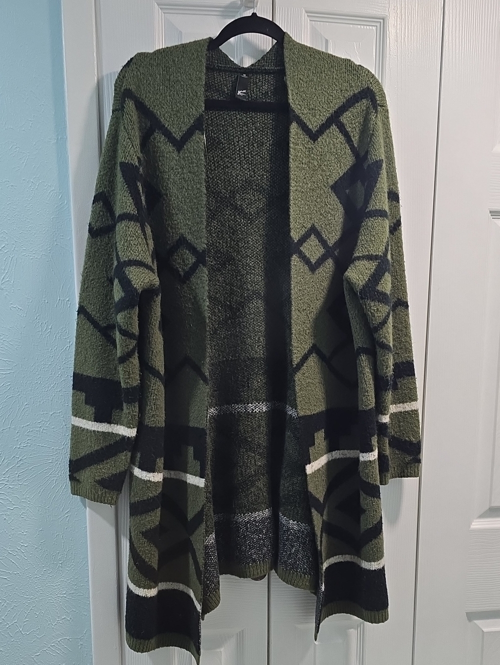 GNW Olive & Black Geometric Open-Front Cardigan